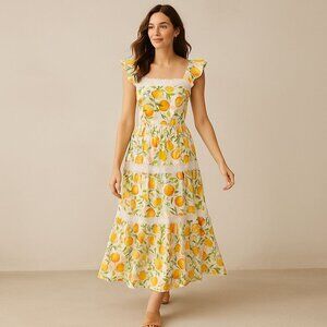 Rachel Zoe Citrus Print Maxi Dress Size 8 Oranges Lemons Floral Summer Lace
